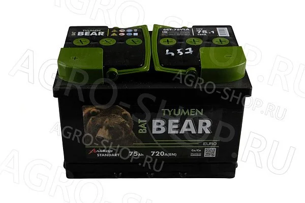 Аккумулятор 75 BatBear 720А прямая клемма конус (стандарт) Тюмень/Алькор 