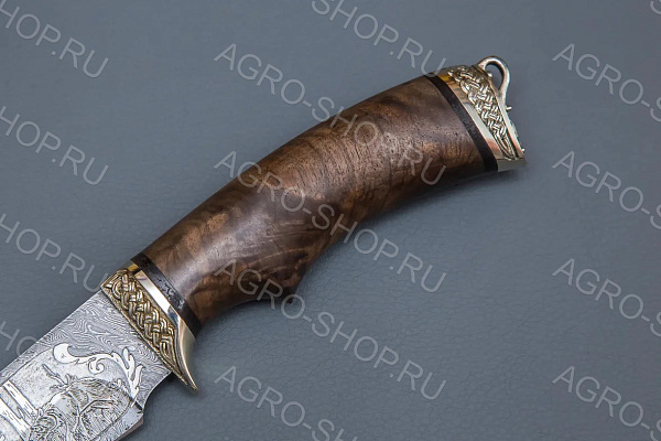 Нож "Близнец" (лезвие: дамасская сталь, гравировка; рукоять: литье мельхиор, ореховый кап)
